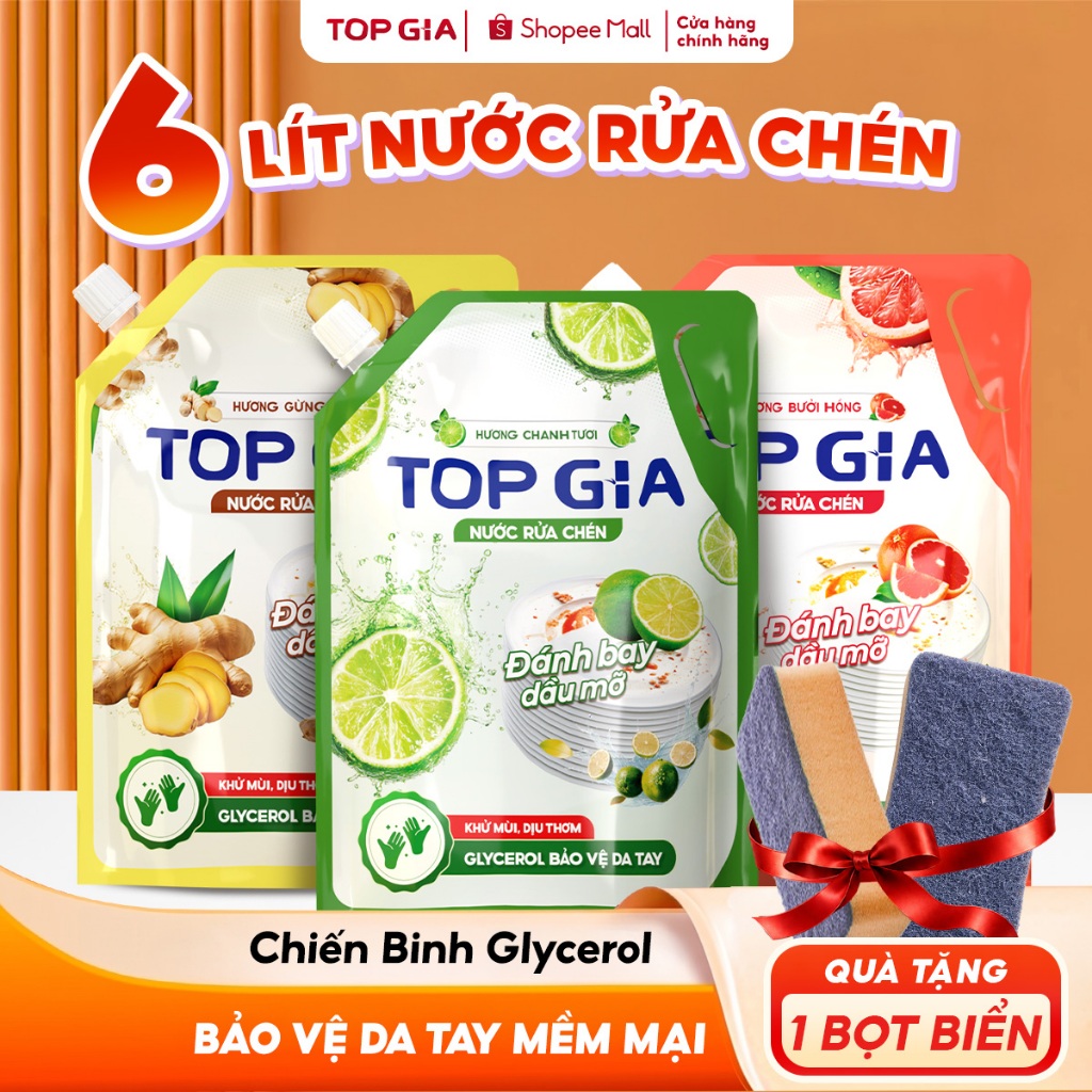 Nước Rửa Chén Bát TopGia Thiên Nhiên, An Toàn Dịu Nhẹ Da Tay, Tẩy Sạch Dầu Mỡ, Túi 2L, Chai 400ml