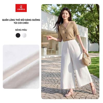 Quần lửng nữ CARDINA chất liệu thô đũi dáng suông túi cơ chéo chun sau 6QCU01