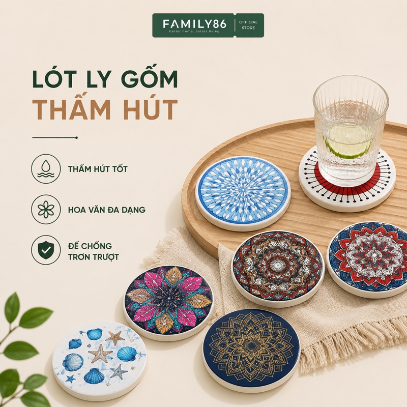 Đế lót ly bằng đá gốm, tấm lót cốc thấm nước bằng gốm cao cấp họa tiết Mandala FAMILY86