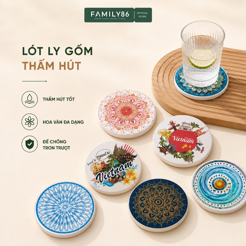 Miếng lót ly bằng đá gốm, lót cốc thấm nước siêu đẹp 10*10cm FAMILY86