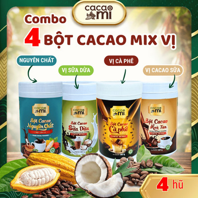 Bột cacao CacaoMi thơm ngon đậm ca cao nguyên chất mix 4 vị cà phê, sữa dừa, hoà tan hũ tiện lợi