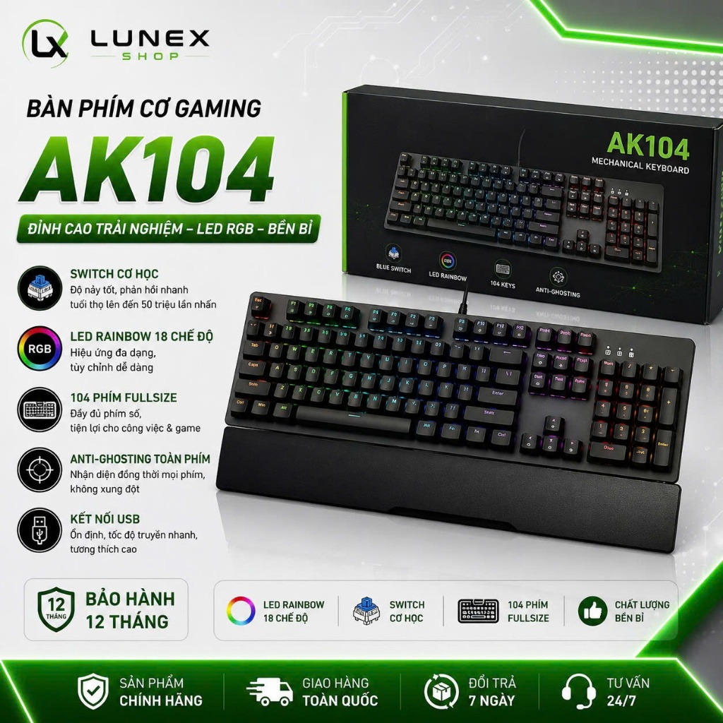 BÀN PHÍM CƠ GAMING AK104 | FULL SIZE 104 PHÍM | LED RGB | HOTSWAP | TẶNG KÊ TAY