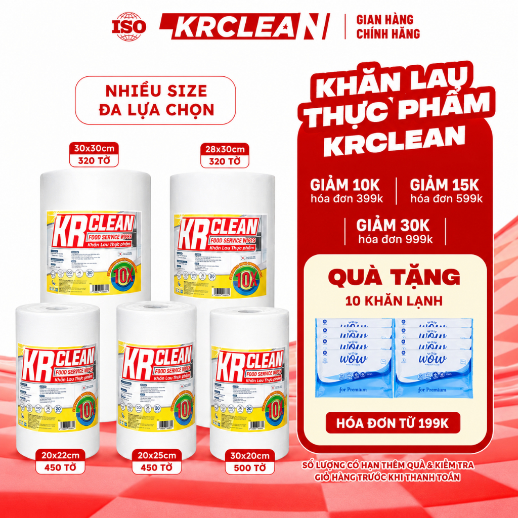Cuộn khăn giấy lau thực phẩm KRCLEAN 500 tờ 30x30/30x20cm - Khăn lau đa năng, thấm khô cá thịt, hút 