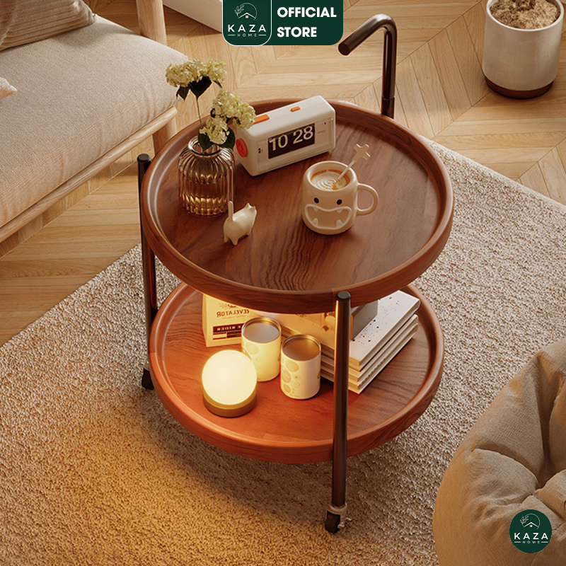 Bàn trà cafe 2 tầng màu óc chó kết hợp bánh xe di chuyển tiện lợi thương hiệu KAZA - GM188