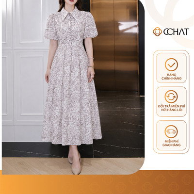 Đầm Nữ 𝐂𝐂𝐇𝐀𝐓 Dáng Xòe Họa Tiết Rose Tay Bồng Chất Liệu Tơ Mềm Mại 16VNV6029XT