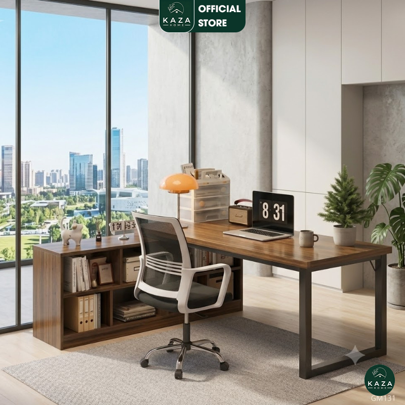 Bàn làm việc chân sắt sơn tĩnh điện kèm kệ sách tổ ong thương hiệu KAZA - GM131