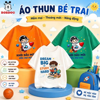 BOBDOG, áo phông bé trai, áo thun trẻ em cotton mềm mát, diện đẹp cùng bé chào đón năm học mới