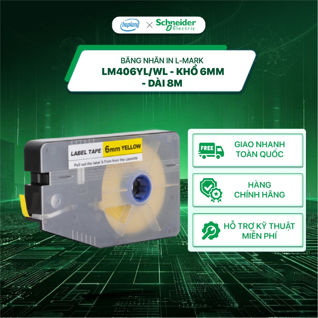 Băng nhãn in L-Mark LM406YL/WL - Khổ 6mm - Dài 8m - Nền Trắng & Vàng