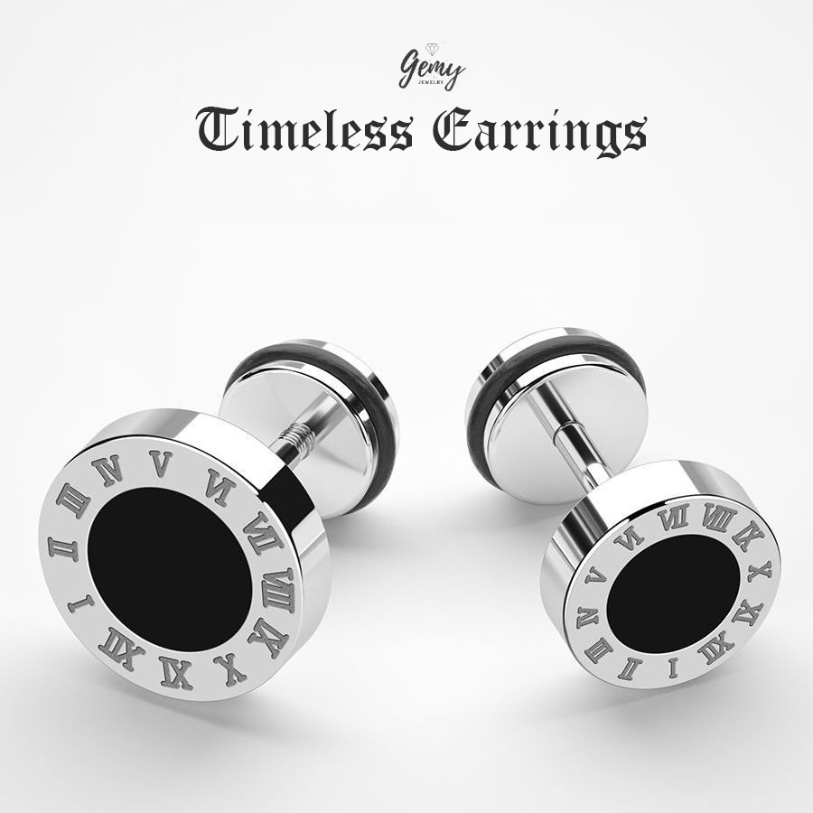 Khuyên tai nam hoa tai thẳng khắc số la mã Timeless 5 mặt đính đá đen cực chất (1 chiếc) KG27 | GEMY