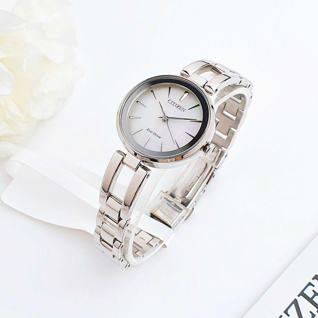 Đồng Hồ Nữ Citizen Axiom EM0630-51D Eco-Drive Size 28 White MOP Sapphire Silver