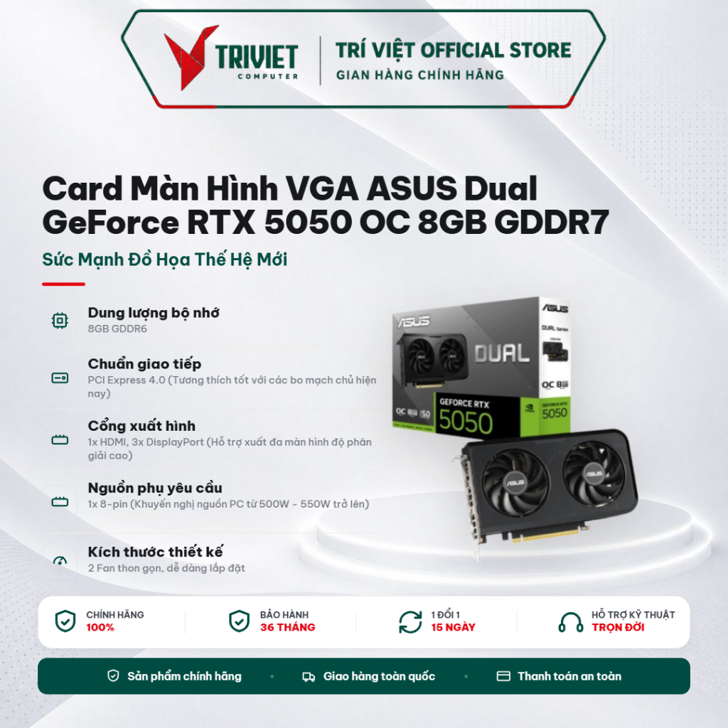 Card Màn Hình VGA ASUS Dual GeForce RTX 5050 OC 8GB GDDR7 DUAL-RTX5050-O8G HDMI 2.1 DisplayPort PCIe