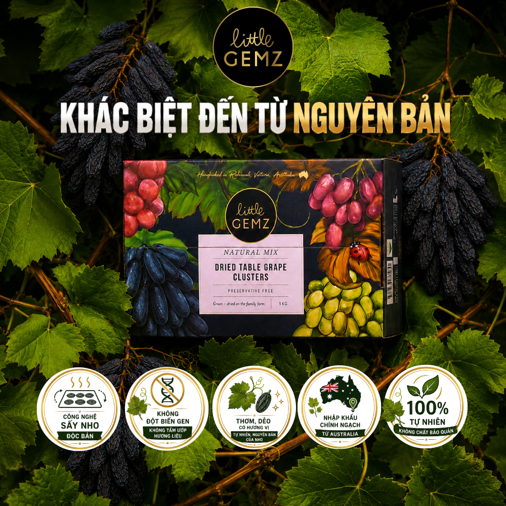 [NHẬP KHẨU ÚC] Nho khô ngón tay nguyên cành Little Gemz Sweet Sapphire Table Grapes 1kg