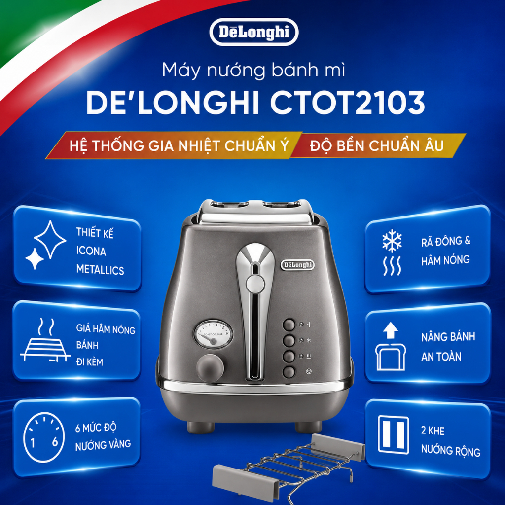 Máy nướng bánh mì sandwich 2 lát DeLonghi CTOT2103.BG - Màu Be, thép không gỉ, 900W