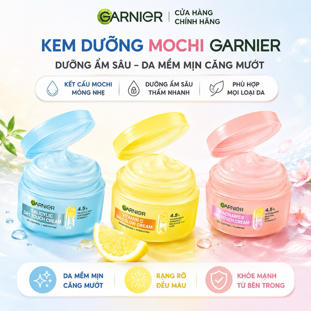 (30ml) Kem dưỡng kết cấu mochi Garnier, dưỡng ẩm, kiềm dầu, dưỡng sáng da