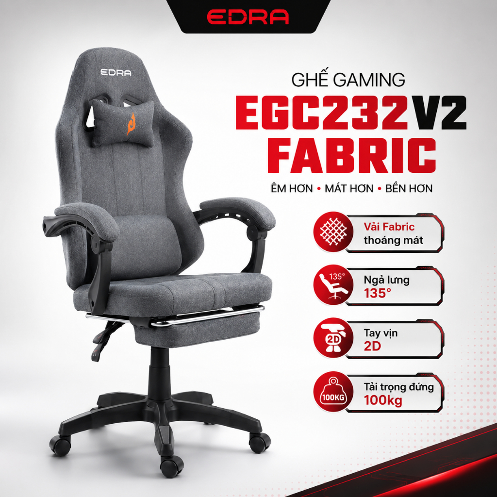 Ghế Gaming EDRA YUMMY - EGC232v2 Chất Liệu Vải Thoáng Khí, Đệm Đúc, Khung Thép BH Chính Hãng