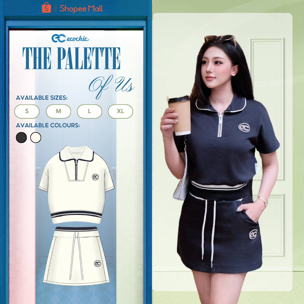 (LIVE KOL) Set Bộ Chân Váy ECOCHIC B236 Áo Crop Polo Phối Viền Chân Váy Ngắn Cao Cấp Chính Hãng