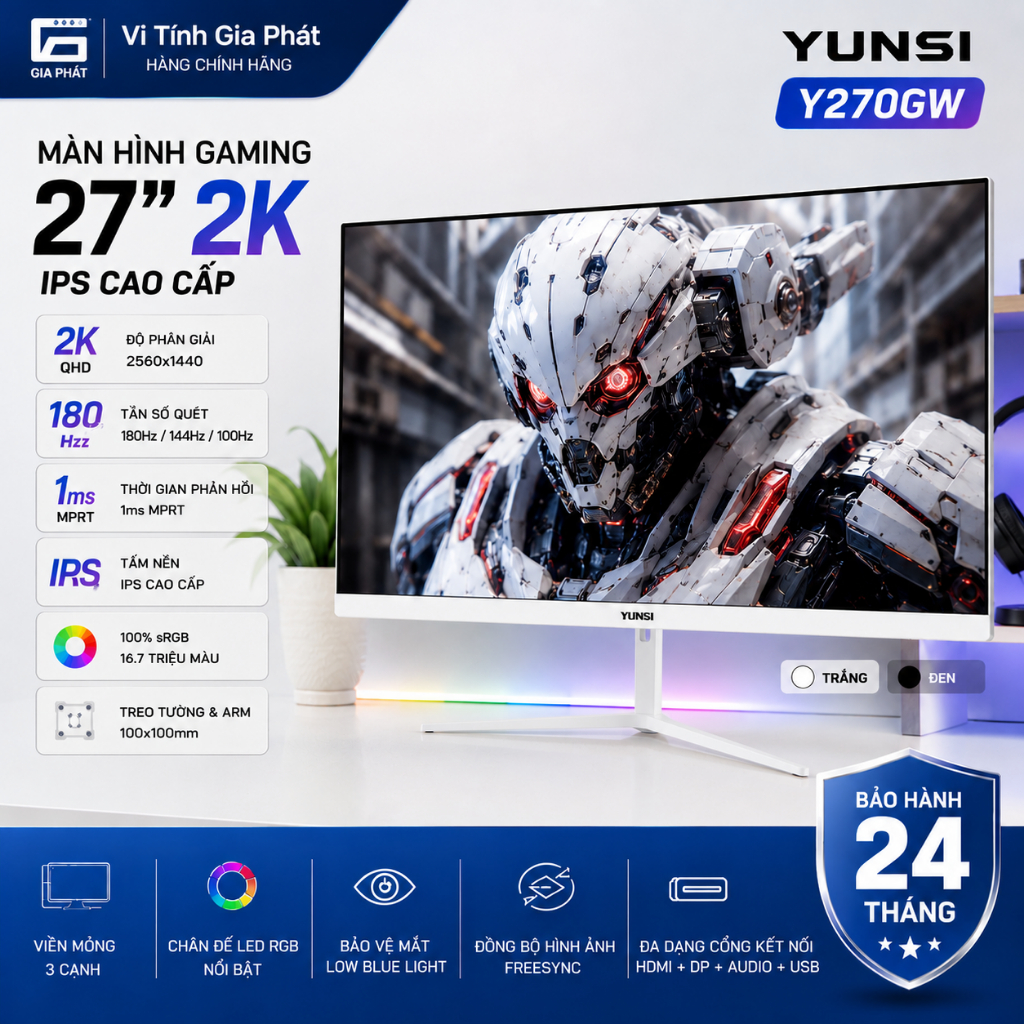 Màn hình Gaming Yunsi 27inch 2K 180hz / 144hz / 100Hz IPS chân Led RGB, bắt Arm được -  New Box bảo 