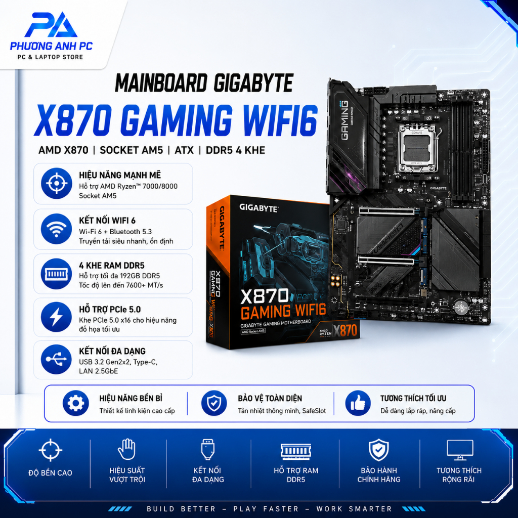 Mainboard GIGABYTE X870 GAMING WIFI6 (AMD X870, Socket AM5, ATX, 4 khe RAM DDR5) PhuongAnh.PC