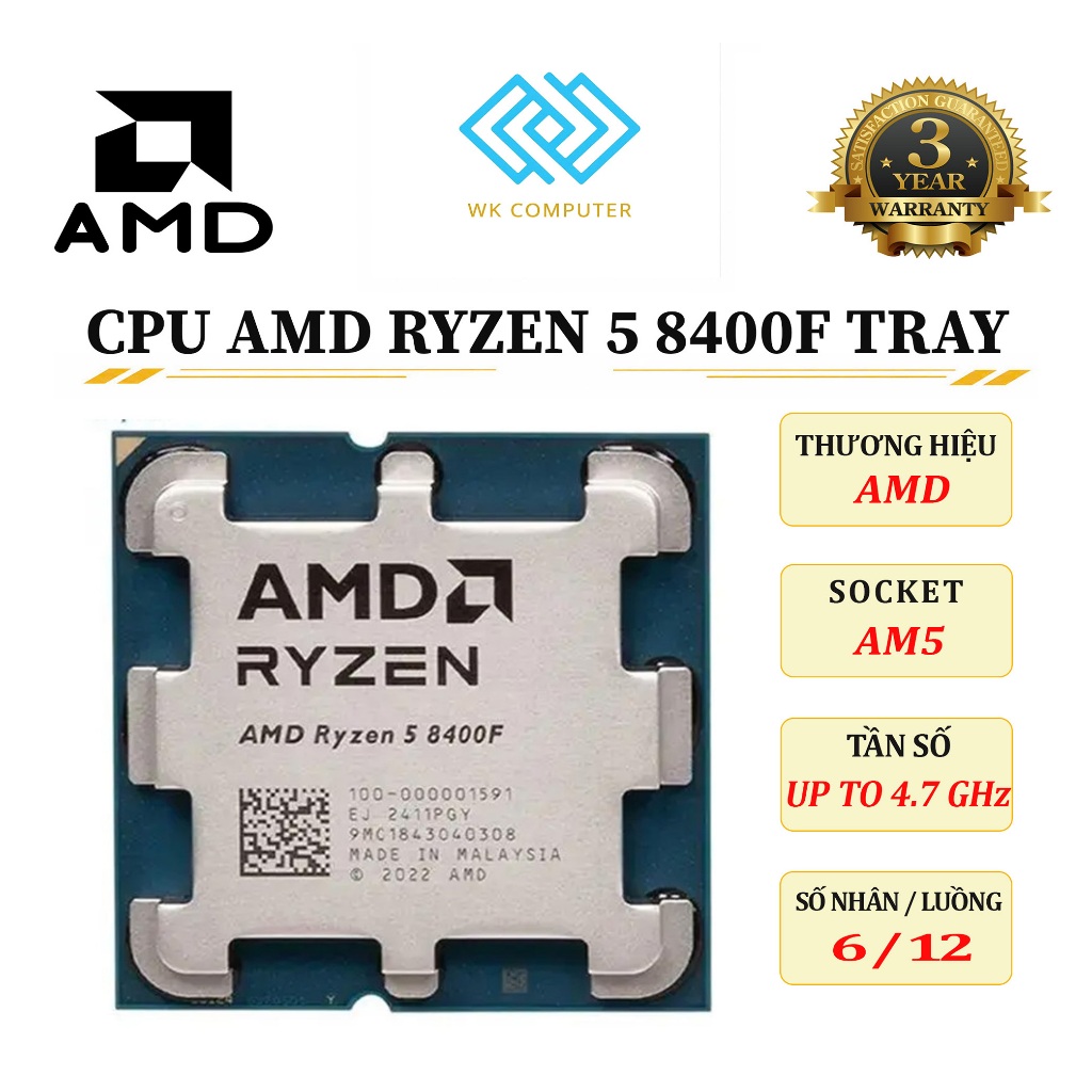 CPU AMD RYZEN 5 8400F TRAY NEW (6 Cores 12 Threads, Up to 4.7Ghz, Socket AM5) Bảo hành 36 tháng