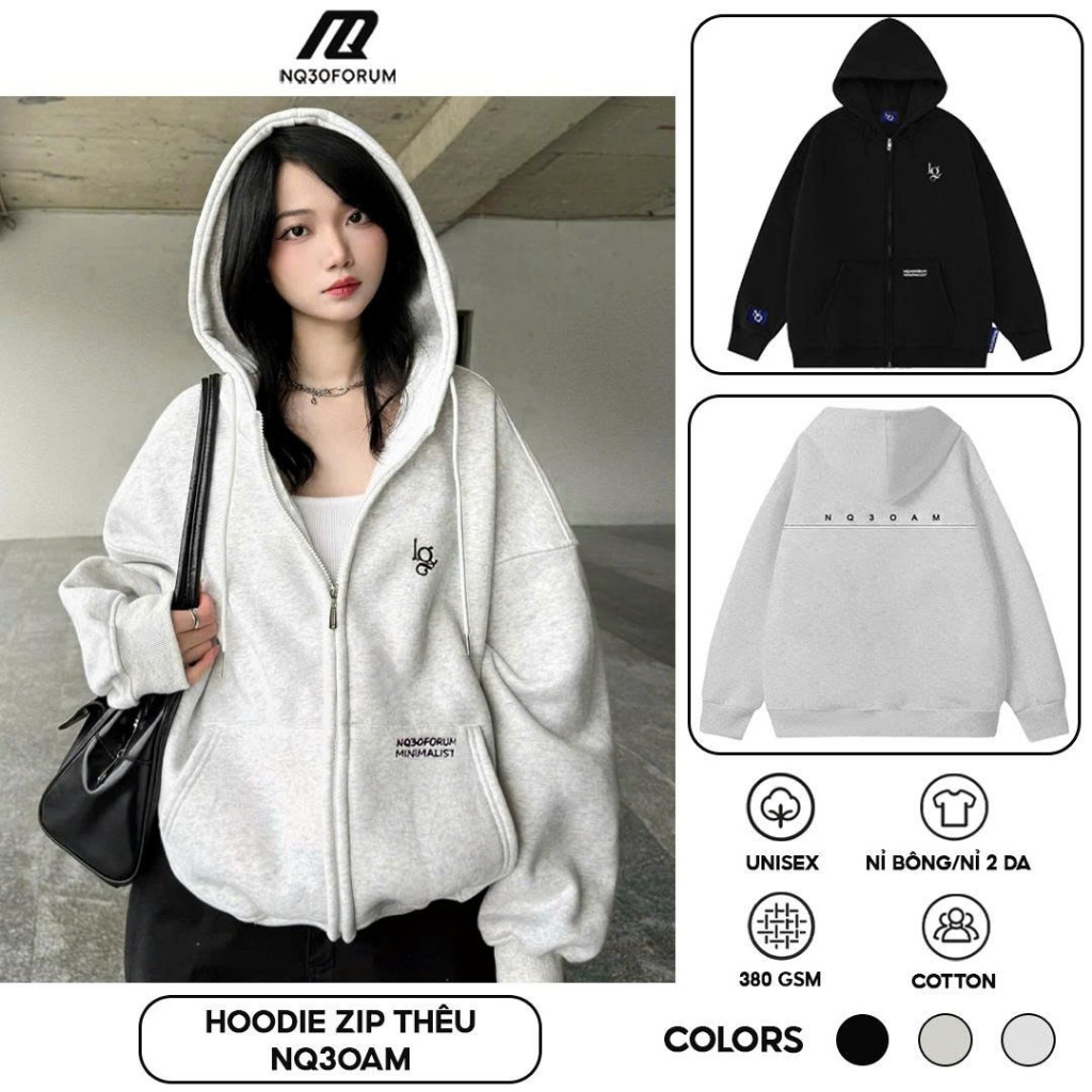 Áo Khoác Hoodie Zip Nỉ Cotton Thêu Nổi NQ30 AM Form Boxy Nam Nữ Unisex