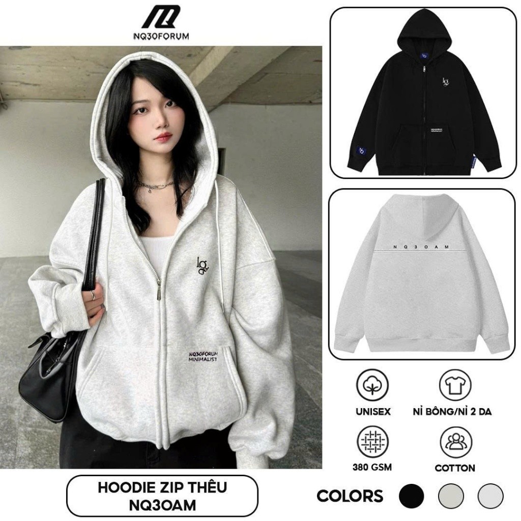 Áo Khoác Hoodie Zip Nỉ Cotton Thêu Nổi NQ30 AM Form Boxy Nam Nữ Unisex
