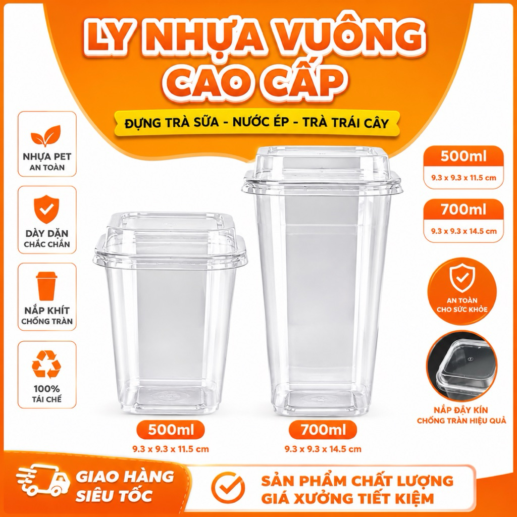 Thùng Ly Nhựa Vuông PET 500ml - 700ml Kèm Nắp | Ly Đựng Trà Sữa, Trà Trái Cây, Nước Ép Cao Cấp