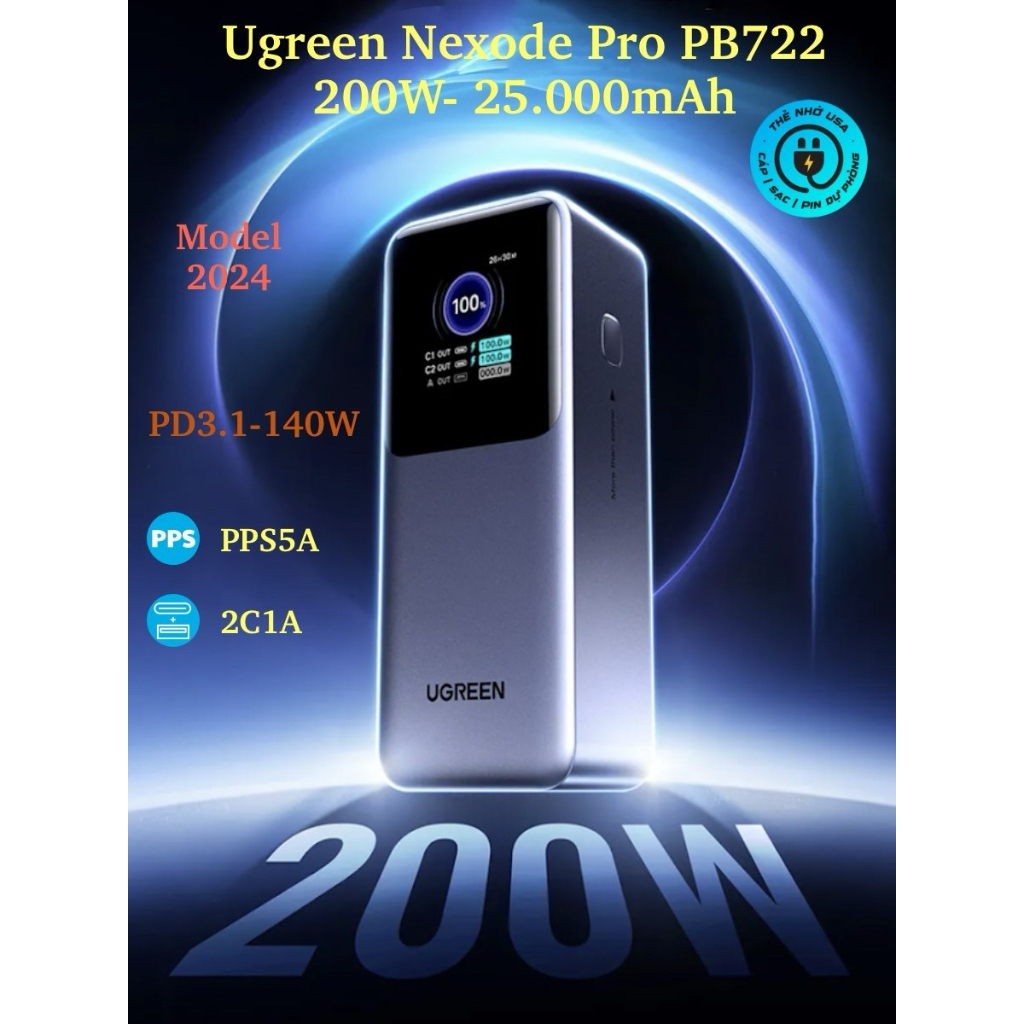 Pin sạc dự phòng 200W Ugreen PB722 25000mAh 2C1A PD3.1 140W PPS 5A QC cell 21700 Model 2024