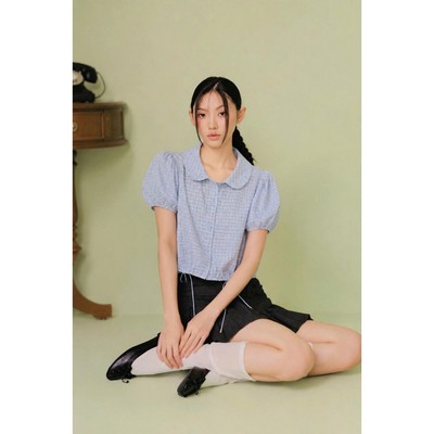 Áo OLV caro tay phồng cổ sen Blue Cotton Checked Puff Top phù hợp đi chơi đi làm