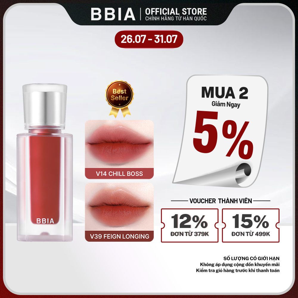 Son kem nhung thuần chay, nhẹ môi BBIA Last Velvet Tint V Edition 5g
