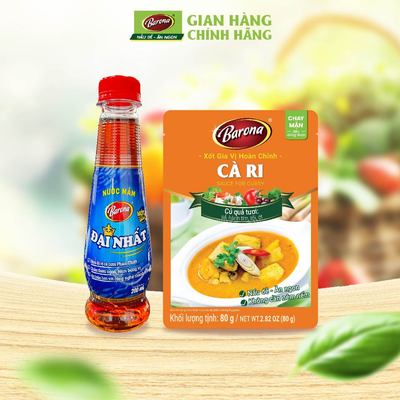 Combo 1 Chai Nước Mắm Barona Đại Nhất 12 Độ Đạm - 200ml & 1 Gói Gia vị Cà Ri Barona 80g chay mặn dùng được