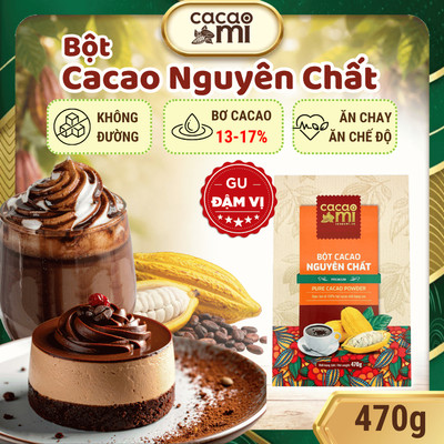 Thức uống socola Bột ca cao nguyên chất không đường đậm Cacao Mi Premium đặc sản Việt Nam 470g
