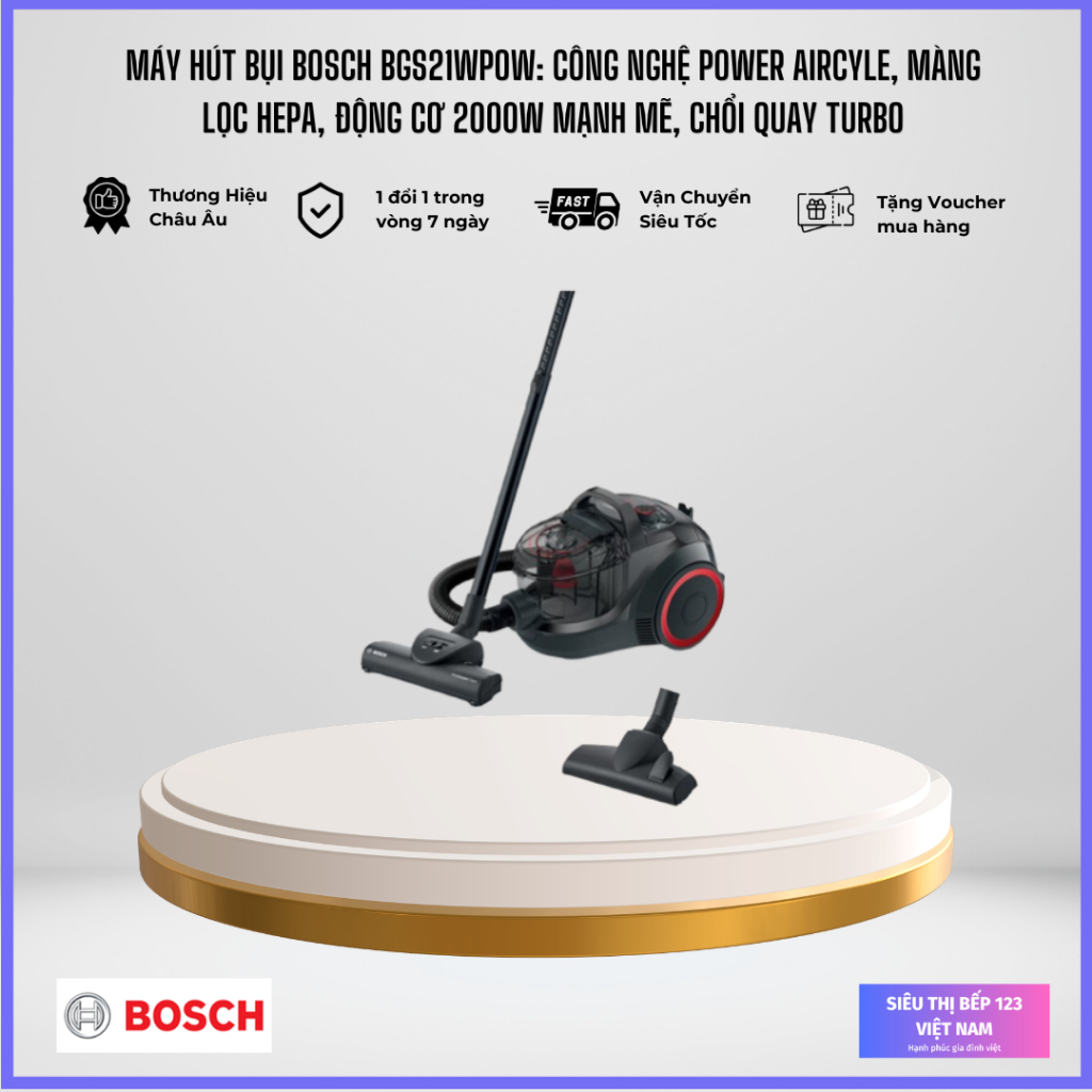 Máy hút bụi không dây Bosch BGS21WPOW: Công nghệ Power AirCyle, Màng lọc HEPA, Động cơ 2000W mạnh mẽ