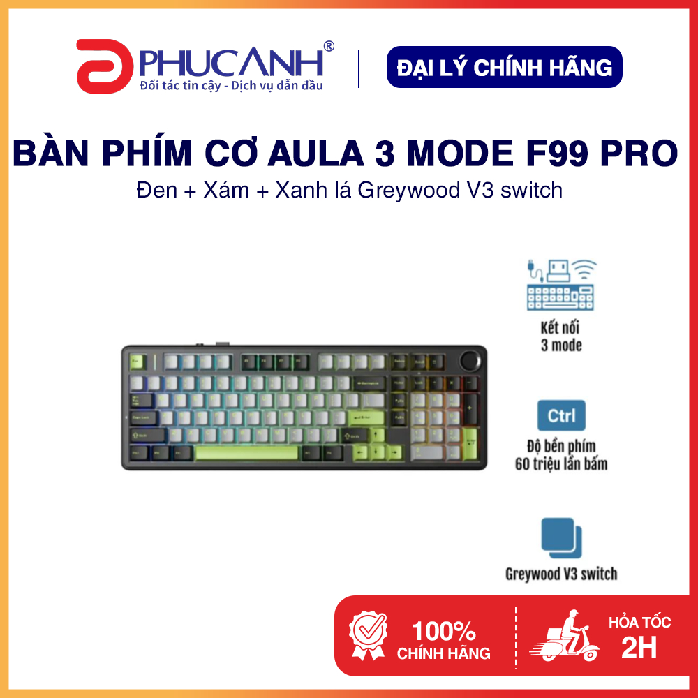 Bàn phím cơ Aula 3 Mode F99 PRO Đen + Xám + Xanh lá - Hàng Chính Hãng, BH 24 tháng