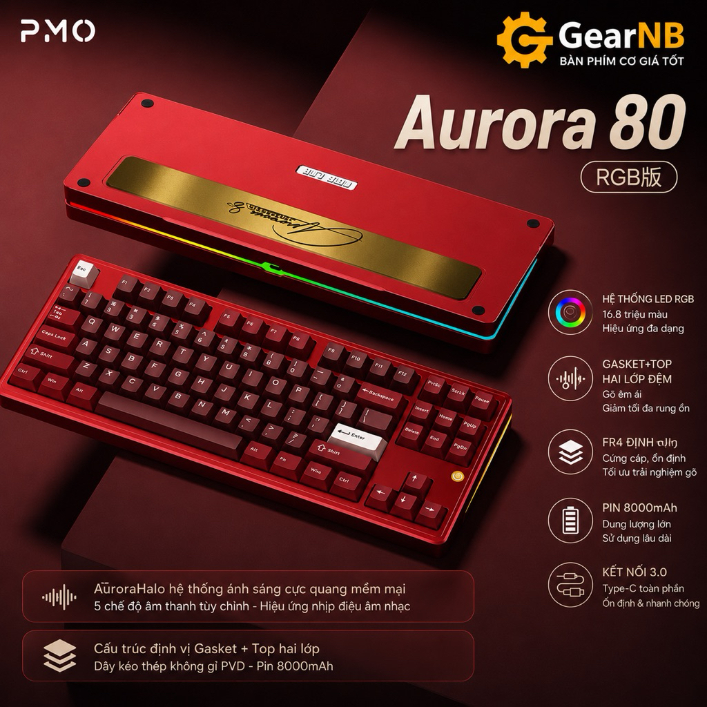 [Hoả tốc] Bàn phím cơ không dây PMO Aurora 80 nhôm CNC ,layout TKL 87 phím ,  mạch xuôi, 3 modes, le