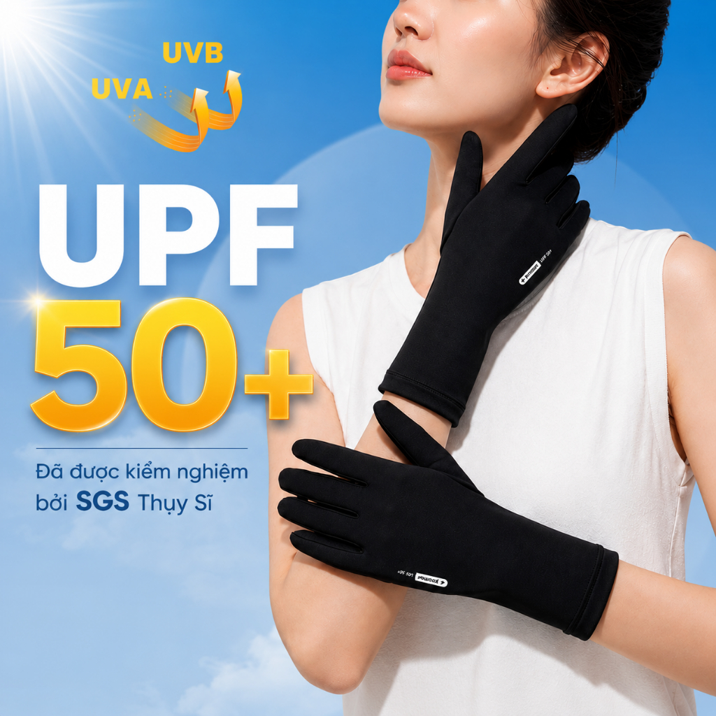 Bao Tay Chống Nắng Nữ UPF50+ Promax, chống UV UPPER YOU Thiết Kế Hở Ngón Chất Vải Mát Lạnh Co Giãn -