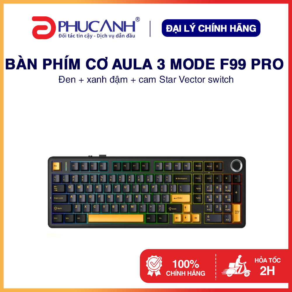 Bàn phím cơ Aula 3 Mode F99 PRO Đen + xanh đậm + cam - Hàng Chính Hãng, BH 24 tháng