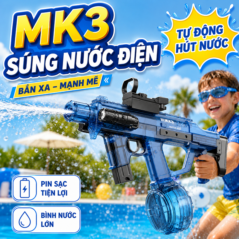 🔫🔋 MK3 Súng nước điện gắn đèn led chiếu sáng Tự động hút nước bắn mạnh mẽ pin sạc nhanh bình nước lớ