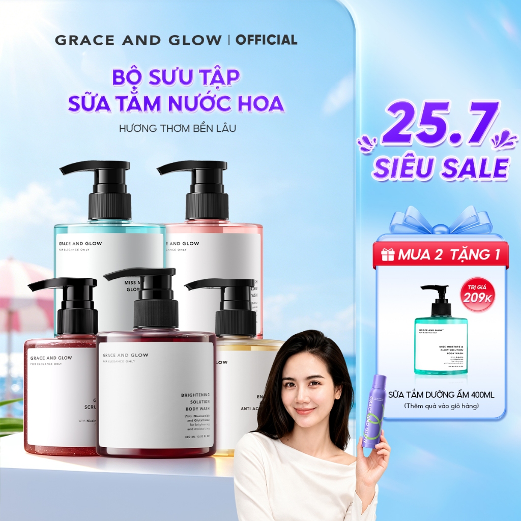 Sữa tắm trắng da hỗ trợ dưỡng ẩm tẩy da chết Grace and Glow nước hoa Body Wash 400ml Niacinamide lưu