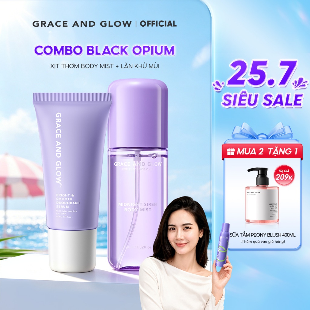 [MUA 2 TẶNG 1] Công thức khử mùi kép Body Mist và lăn khử mùi Grace And Glow Black Opium lưu hương l
