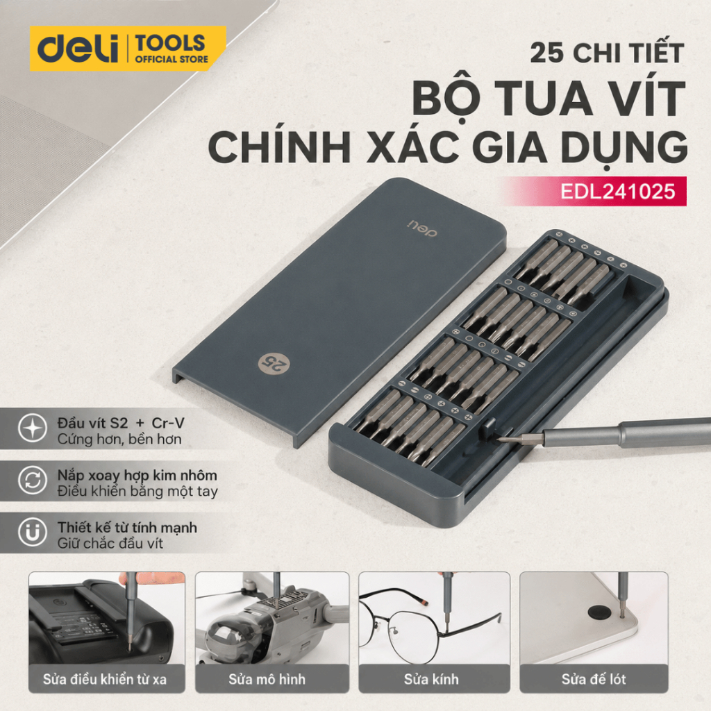 Bộ Tua Vít Sửa Chữa Đa Chức Năng Deli 25 Đầu Vít Cao Cấp Chất Liệu Thép Siêu Bền - Vặn ốc đa năng