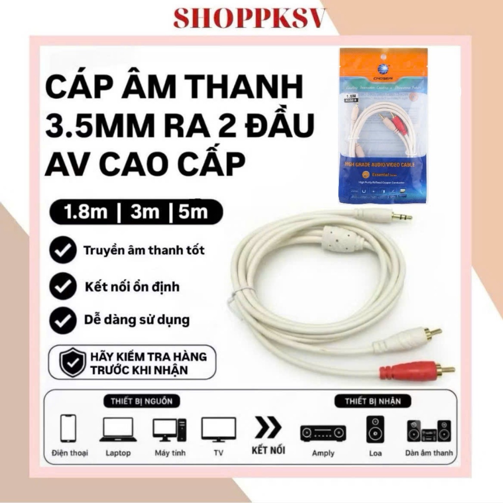 Dây Loa Âm Thanh 1 đầu 3.5mm Ra 2 Đầu AV Cao Cấp, Dây Loa Chống Nhiễu OFC