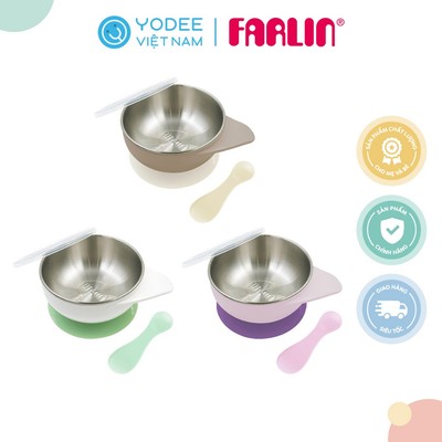 Farlin Bộ chén inox cách nhiệt kèm muỗng silicone mềm mại, có đế hít chống trơn và nắp đậy tiện lợi cho bé