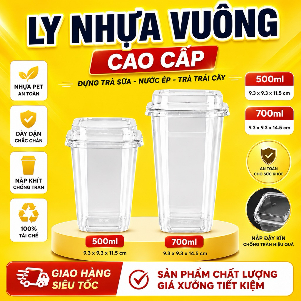 Combo 500 Ly Nhựa Vuông PET 500ml 700ml Có Nắp - Ly Đựng Trà Sữa, Cà Phê, Nước Ép Mang Đi