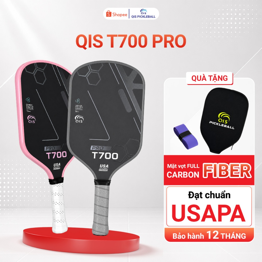 Vợt Pickleball QIS T700 PRO – Mặt T700 Carbon, Lõi Polymer 16mm, Kiểm Soát Và Xoáy Bóng Vượt Trội