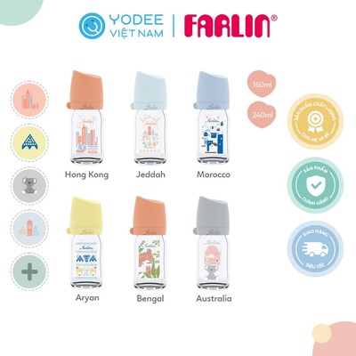 Farlin Bình sữa thủy tinh cao cấp chịu nhiệt tốt, cổ rộng dễ vệ sinh, núm ti silicone siêu mềm chống đầy hơi cho bé