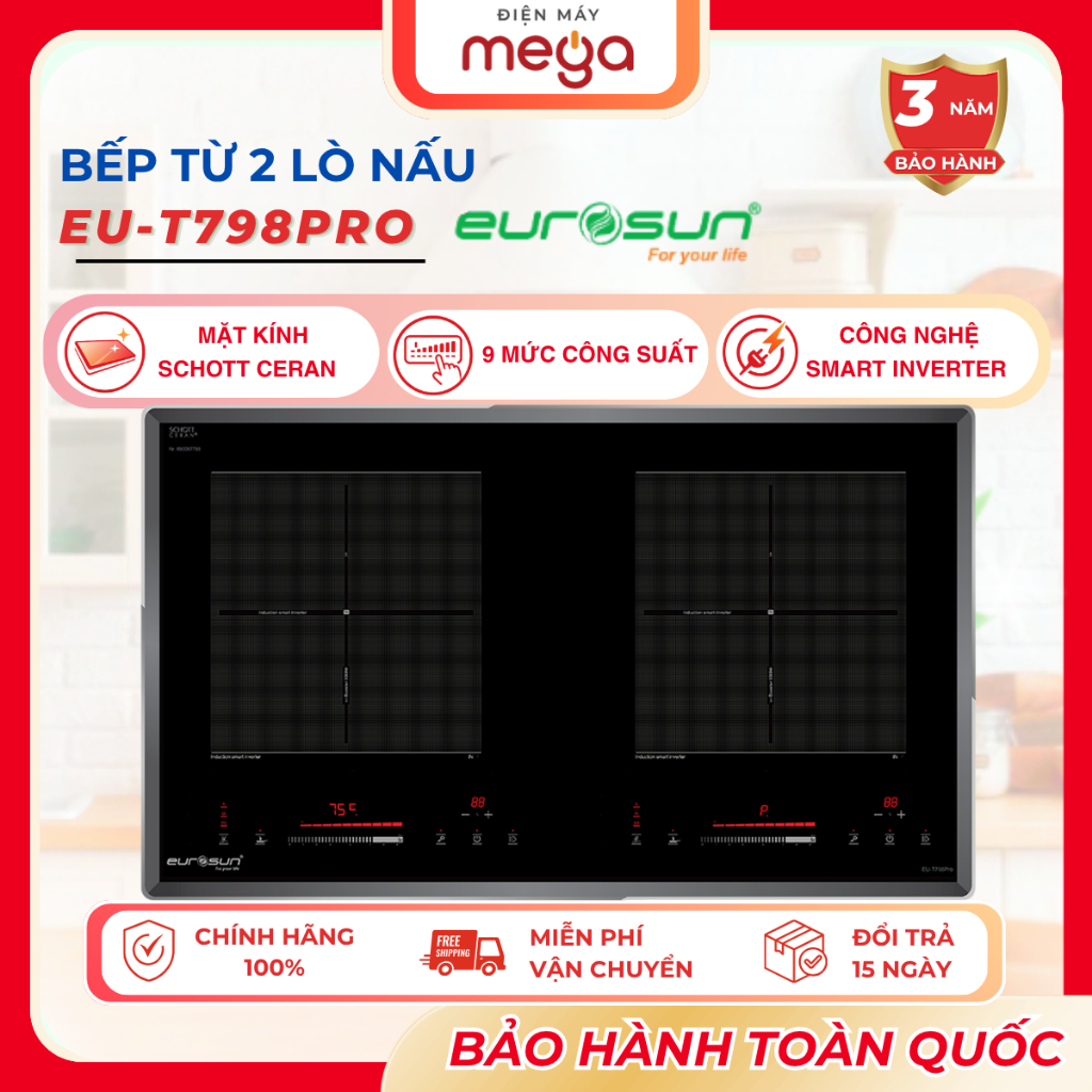 Bếp Từ Âm Đôi Eurosun EU-T798PRO 2 Vùng Nấu Kính Schott Ceran Inverter An Toàn Công Nghệ Đức