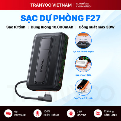 Sạc Dự Phòng Không Dây TRANYOO T-F27 10000mAh Sạc Nhanh Chuẩn PD 30W Tích Hợp Cáp Type C & Giá Đỡ