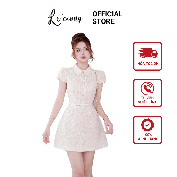 Váy Thiết Kế Tay Con Cổ Sen LECOONG V891 Váy Đẹp Đính Cúc Ren Nổi Sang Chảnh