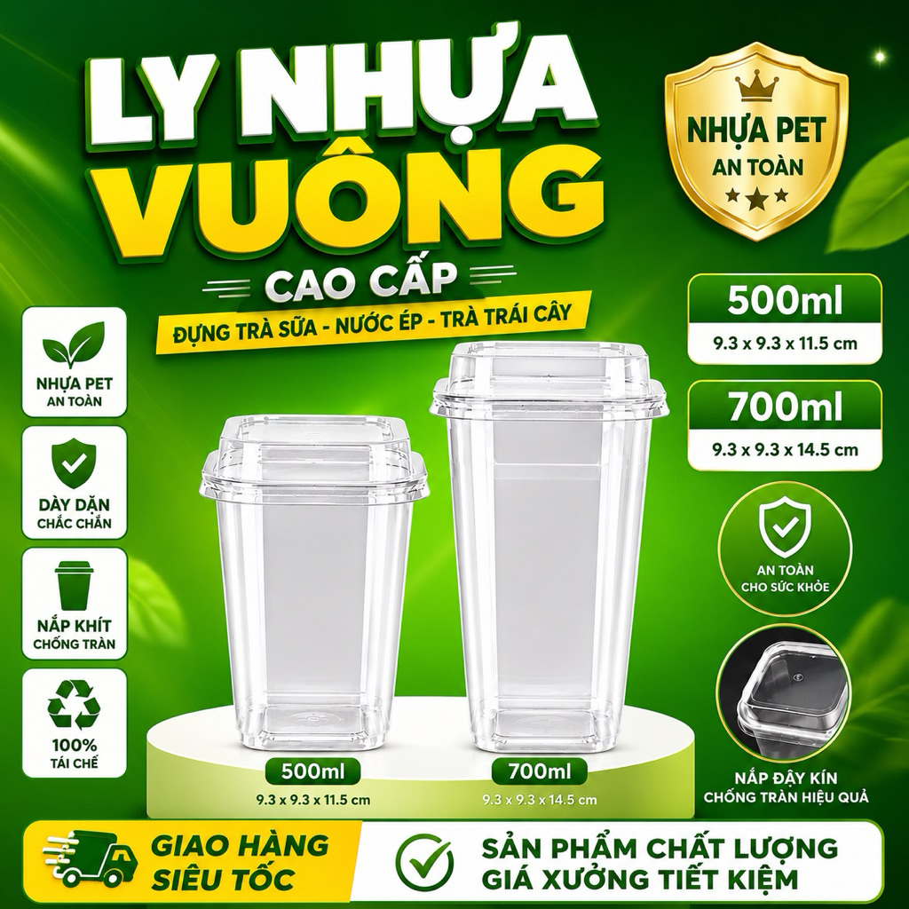 Combo 500 Ly Nhựa Vuông PET 500ml 700ml Có Nắp - Ly Đựng Trà Sữa, Cà Phê, Nước Ép Mang Đi