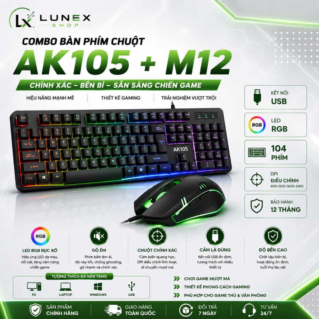 COMBO BÀN PHÍM AK105 LED RGB + CHUỘT GAMING M12 CÓ DÂY USB